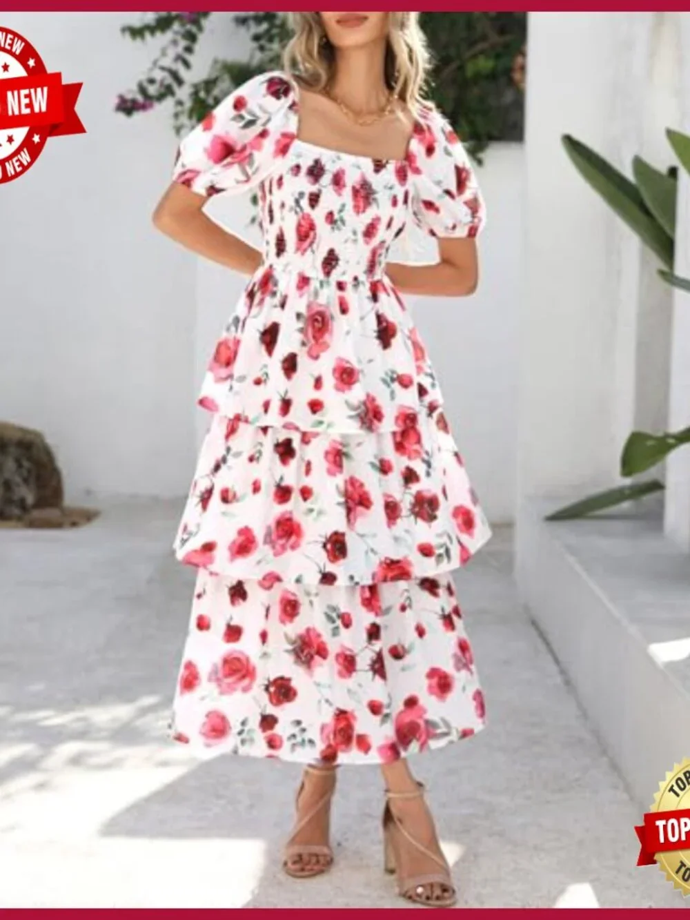 Women's Floral Maxi Dress Puff Sleeve Square Neck Smocked Tiered Boho - Picture 6 of 7